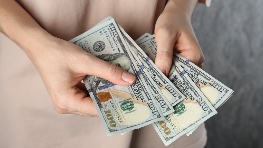 Woman with dollar banknotes on grey background